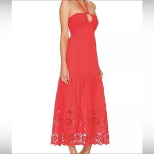 Jason Wu Open Back Tie Bow Eyelet Tiered Hem Halter 50"Long Maxi Dress  M-size